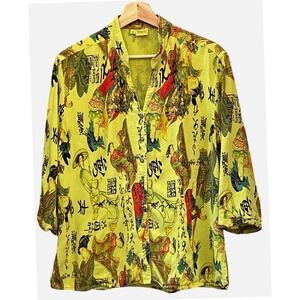 Vintage 90s Tianello Button Up Shirt Japanese Art Print Geisha Chartreuse Green